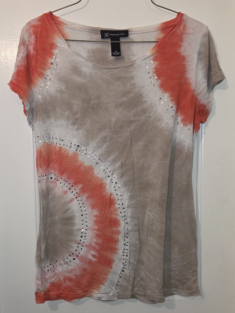INC International Concepts Coral Tie-Dye Embellished Scoop Neck Top.  Size XL